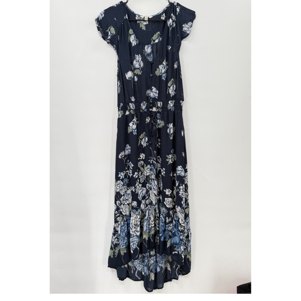 Lucky Brand Floral Print High Low Maxi‎ Dress Navy Blue M Medium Boho Casual